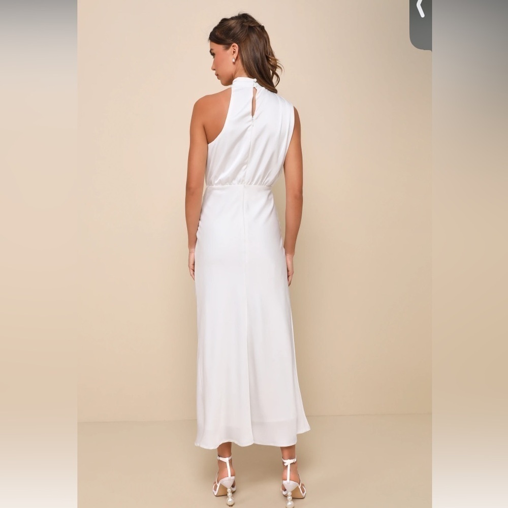 LULU's Bridal HIneymoon Engagement White Satin Modest Halter Mermaid Midi Dress - Picture 3 of 4